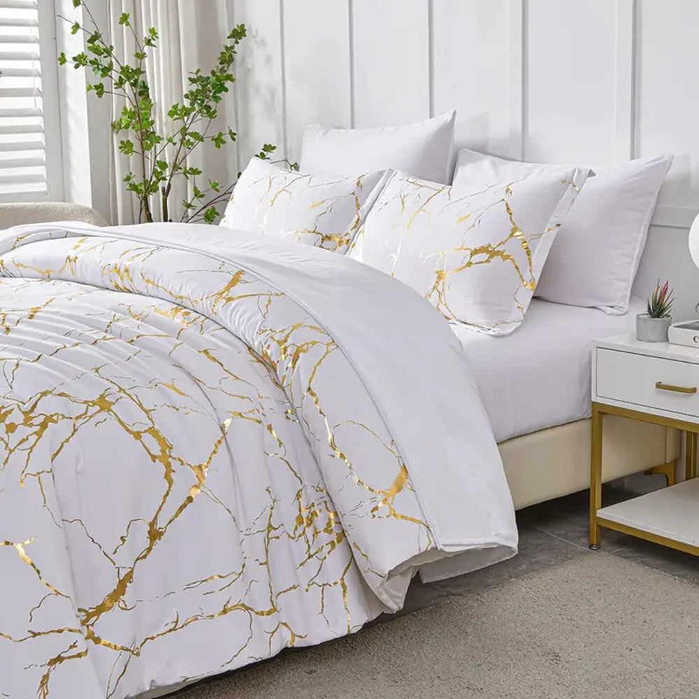 White Marble Duvet Cover Set with Gold Veining - Luxury Soft Bedding Set (Twin, Queen, King) | Modern Hotel Style Comforter Cover