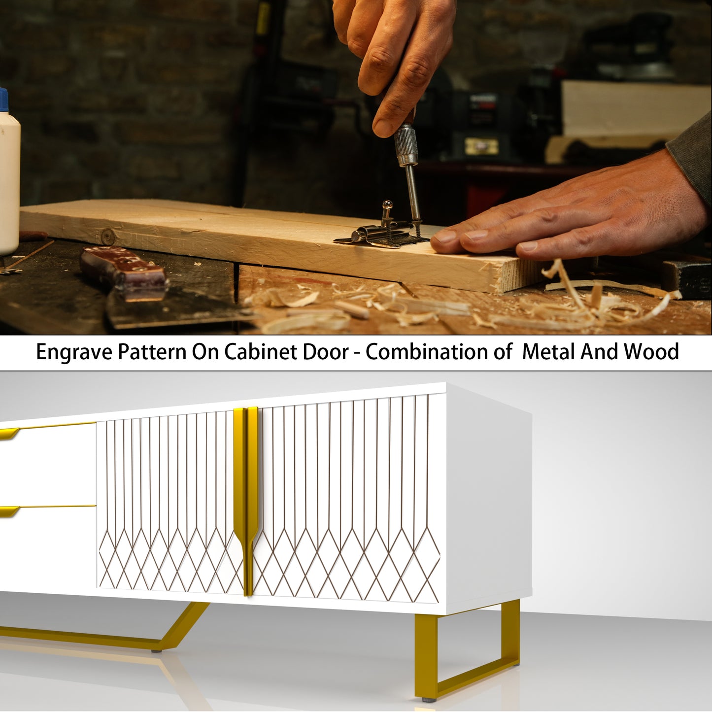 Modern White & Gold TV Console - Carved Cabinet Entertainment Center with Metal Legs (Up to 75" TVs)