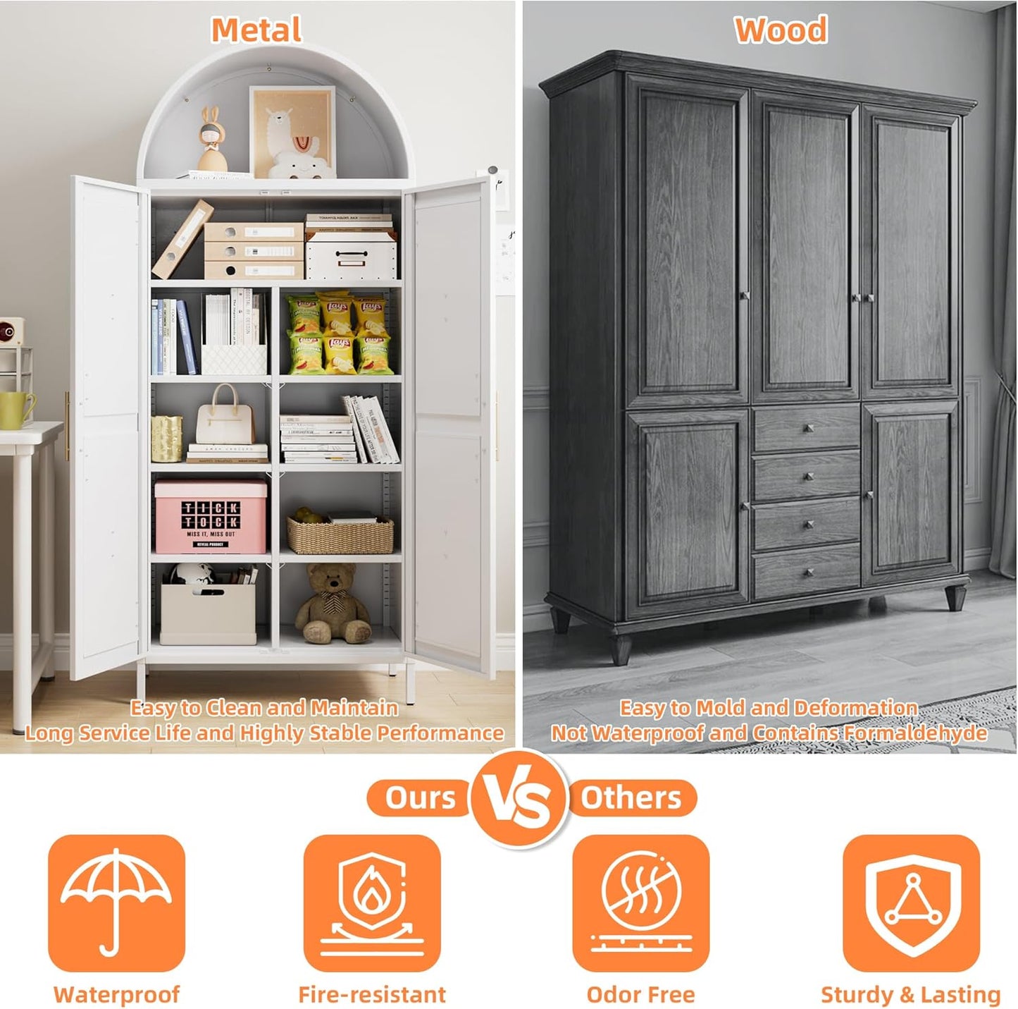 Modern Arched Storage Cabinet with Doors - Tall White Pantry Organizer with Adjustable Shelves | Kitchen, Dining, Bathroom or Living Room