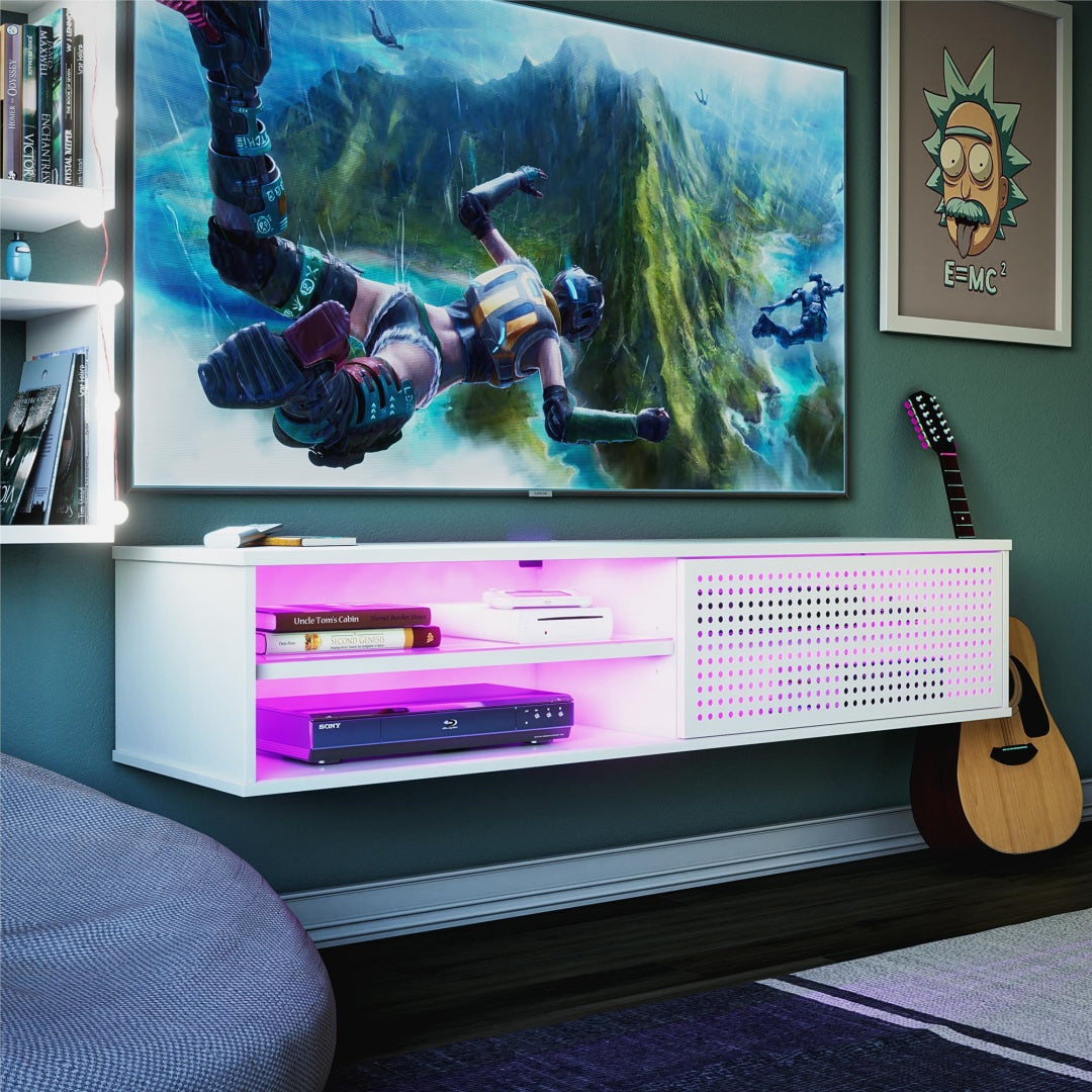 Floating TV Stand with LED Lights - Wall Mounted Gaming Media Console (Up to 60" TVs, White)