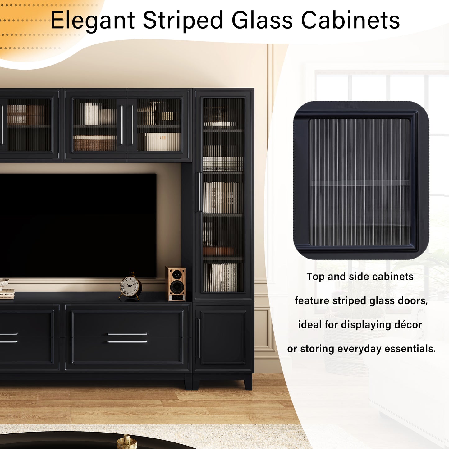 Vibe Haus 102" Black Wall Unit Entertainment Center - Modern Media Console with Glass Cabinets & Storage (Fits up to 75" TVs)