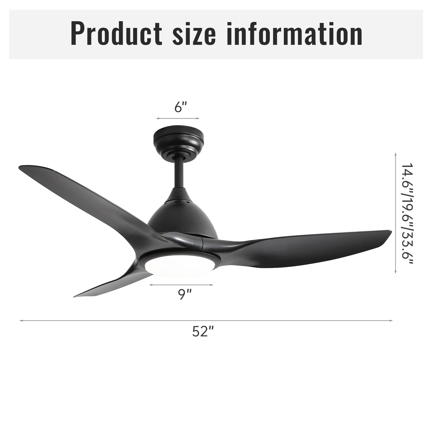 52" Modern Ceiling Fan with Light - 3-Blade ABS Airplane Style Fan with Remote, 3-Speed & Dimmable LED (Black)