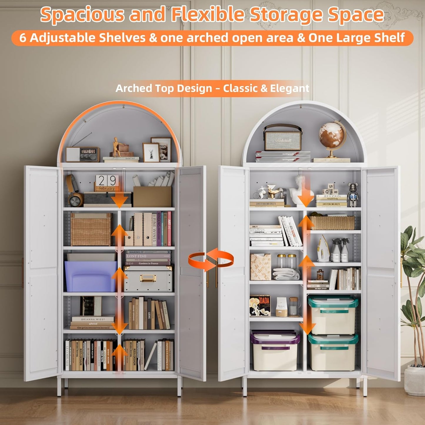 Modern Arched Storage Cabinet with Doors - Tall White Pantry Organizer with Adjustable Shelves | Kitchen, Dining, Bathroom or Living Room