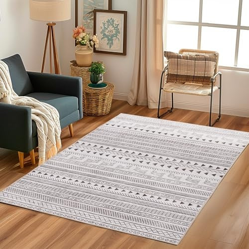 The "Nordic Ridge" Washable Area Rug | Low-Pile Geometric Guest-Room Carpet