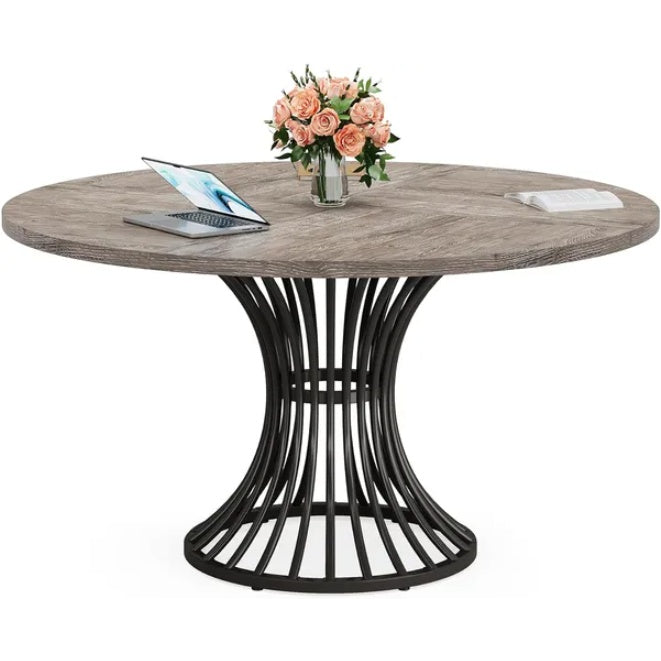 Modern Round Pedestal Dining Table - 47" Mid-Century Style Wood Grain Top with Sculptural Base