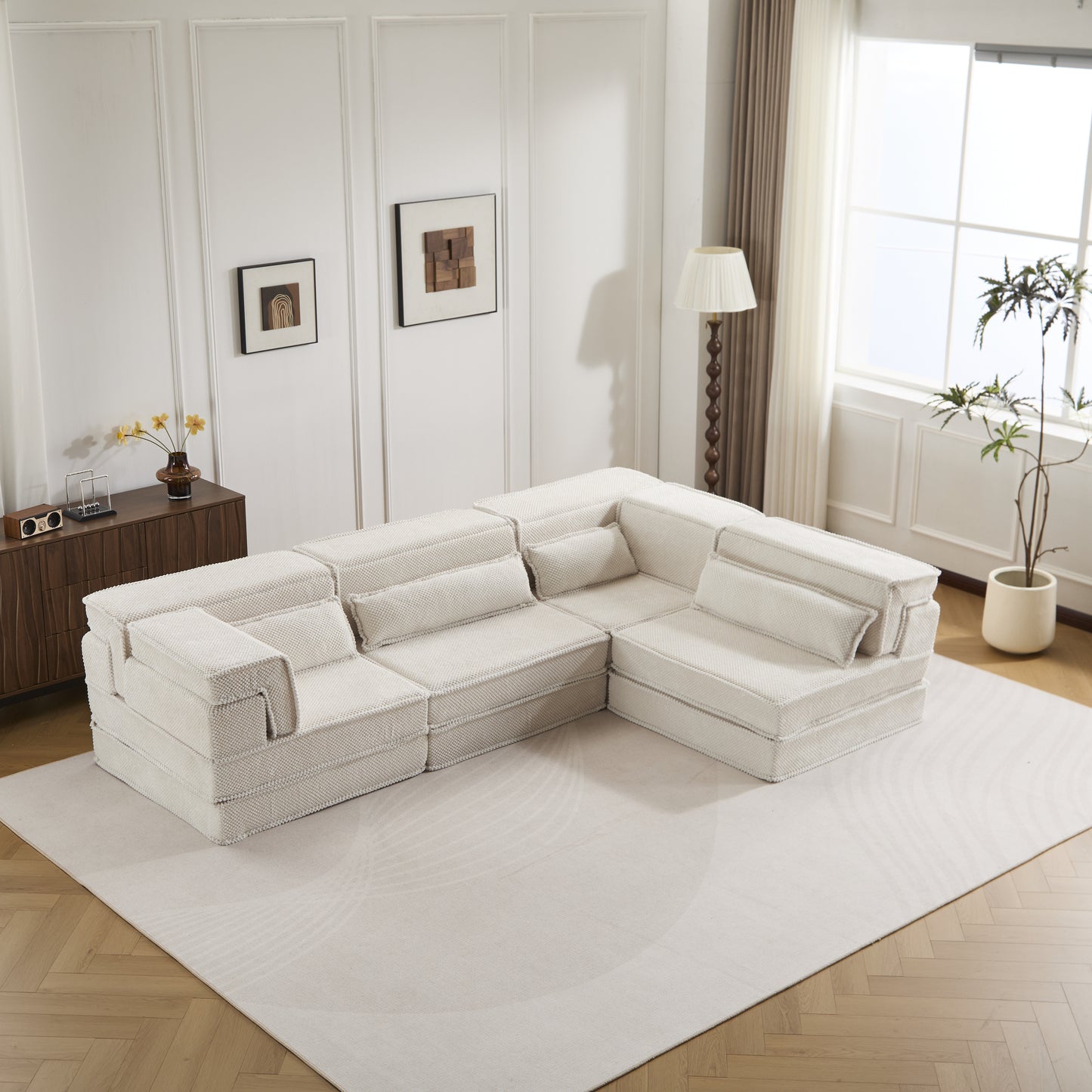 Oversized Modular Floor Sofa Bed - 4 Seat Memory Foam Sectional (118" Convertible Couch, No Assembly) - White
