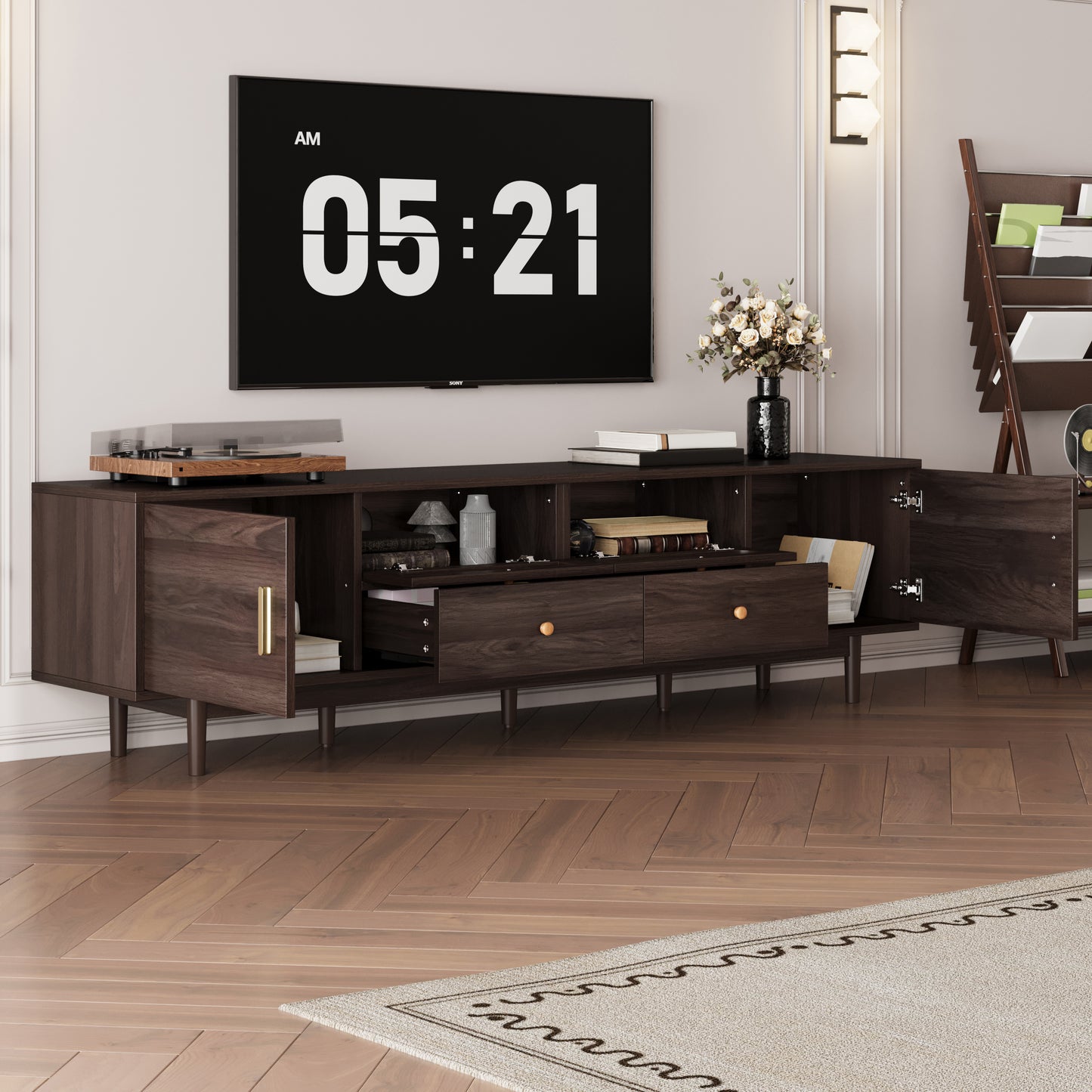 76" Modern TV Stand with Rattan Doors & Drawers - Entertainment Center for TVs up to 85" - Dark Brown Wood Media Console with Storage