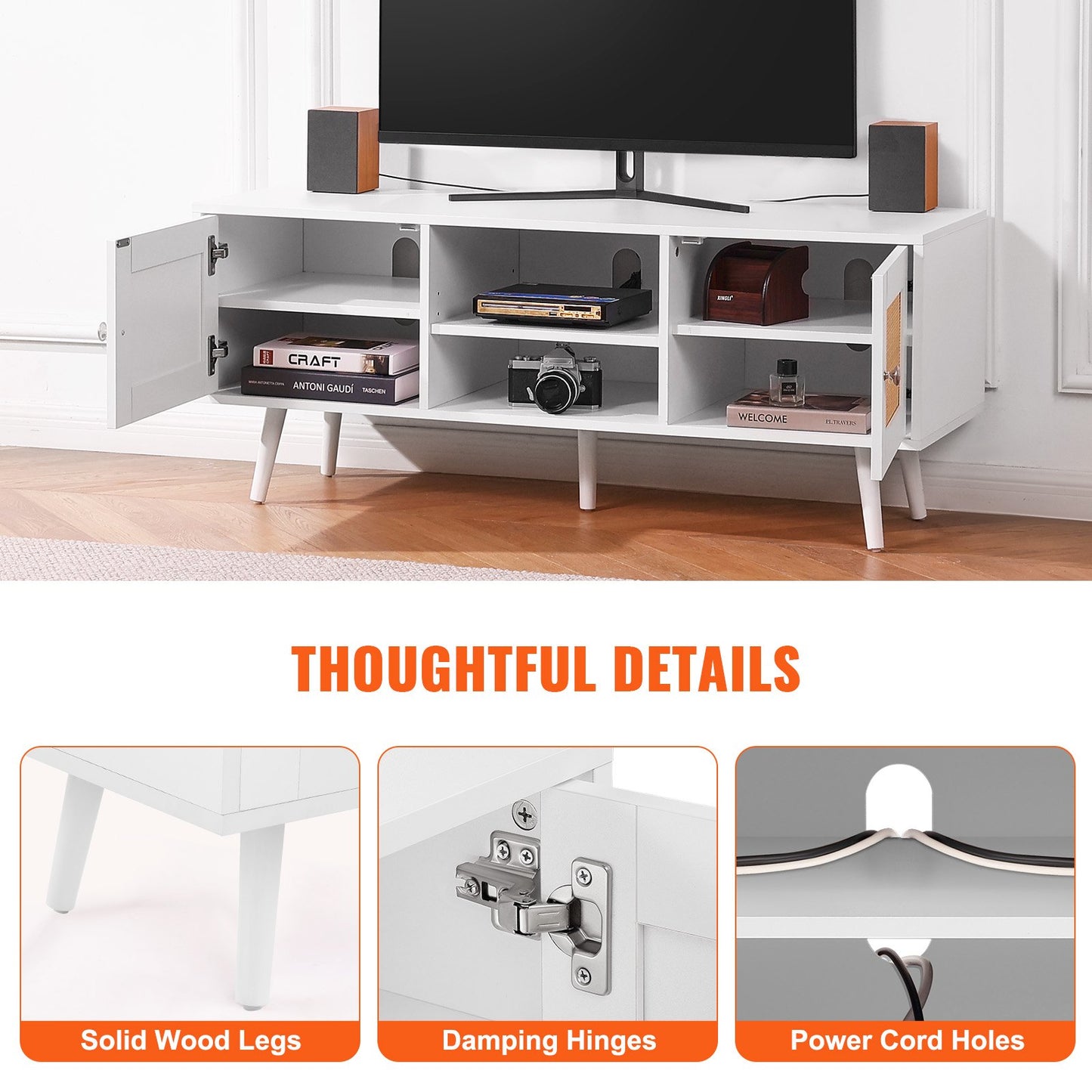 The "Boho-Retreat" 47" Rattan TV Console | Mid-Century Modern Media Center with Artisan-Woven Doors