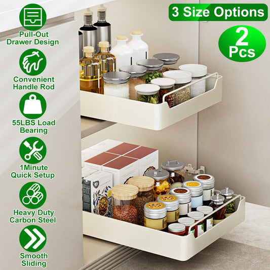 Pull-Out Cabinet Organizer (2-Pack) - Sliding Shelf Drawer with Handle, Adhesive Install, Heavy-Duty Carbon Steel (Small/Medium/Large)
