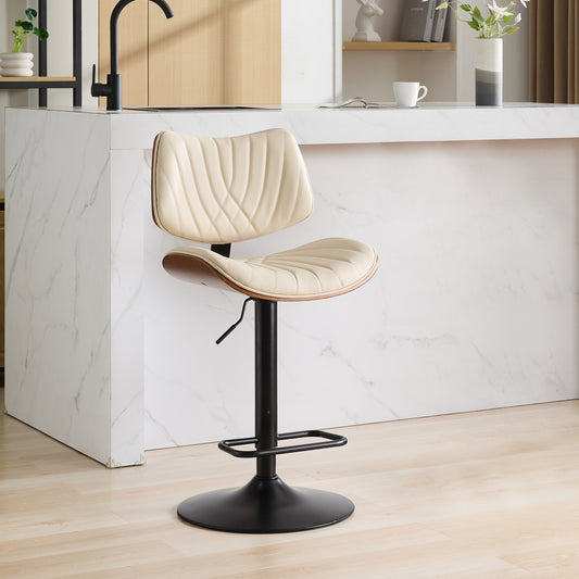 Mid-Century Adjustable Swivel Bar Stool - Bentwood & Faux Leather Counter Chair (Beige, Single)