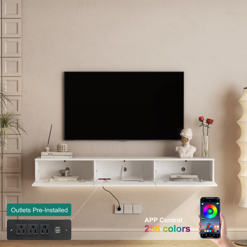 Floating LED TV Stand | 67" Wall Mounted Entertainment Center with Storage & Color Changing Lights (White)