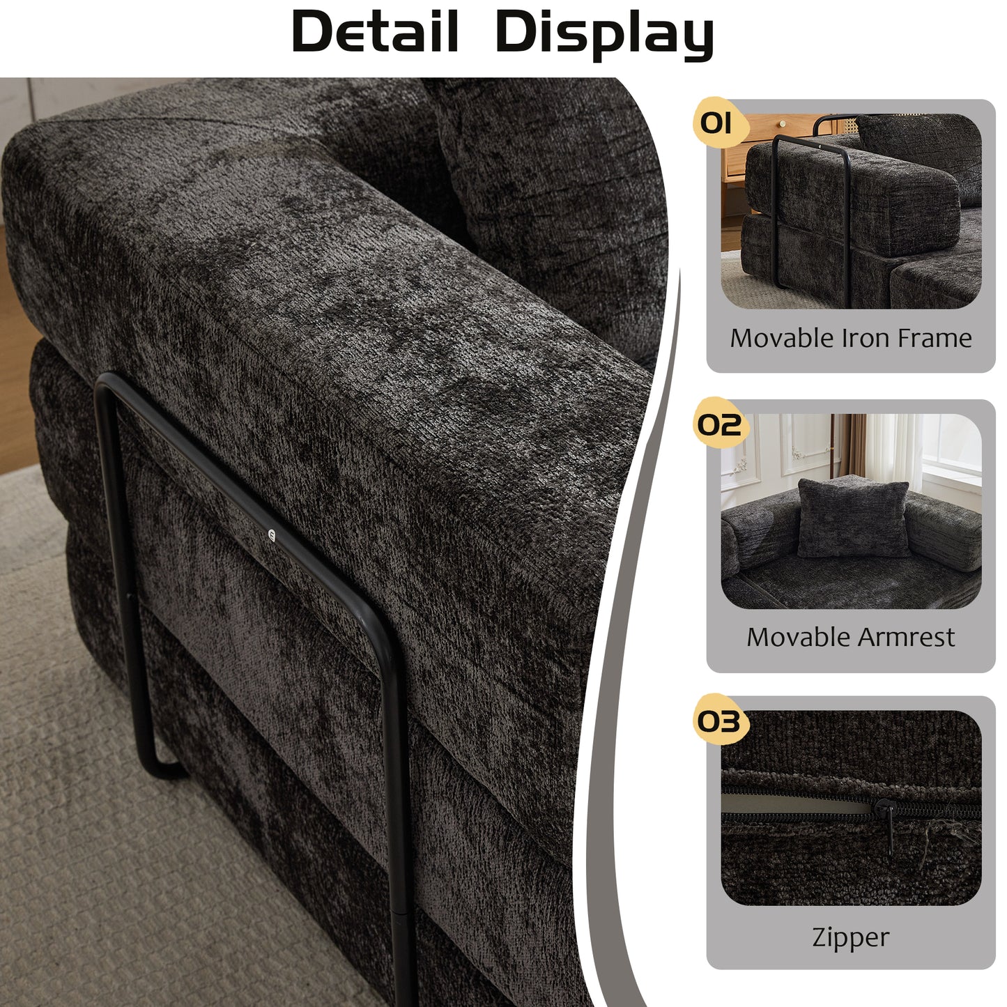 Modular Compression Sofa Bed - Convertible 3-Seater Floor Sofa with Memory Foam | Black Chenille Sleeper Sectional
