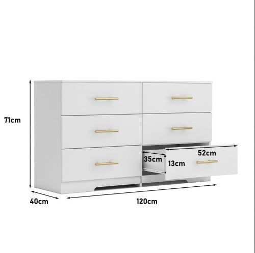 Wildflower White 6-Drawer Dresser with Gold Handles - Modern Farmhouse Storage Cabinet for Bedroom or Guest Room
