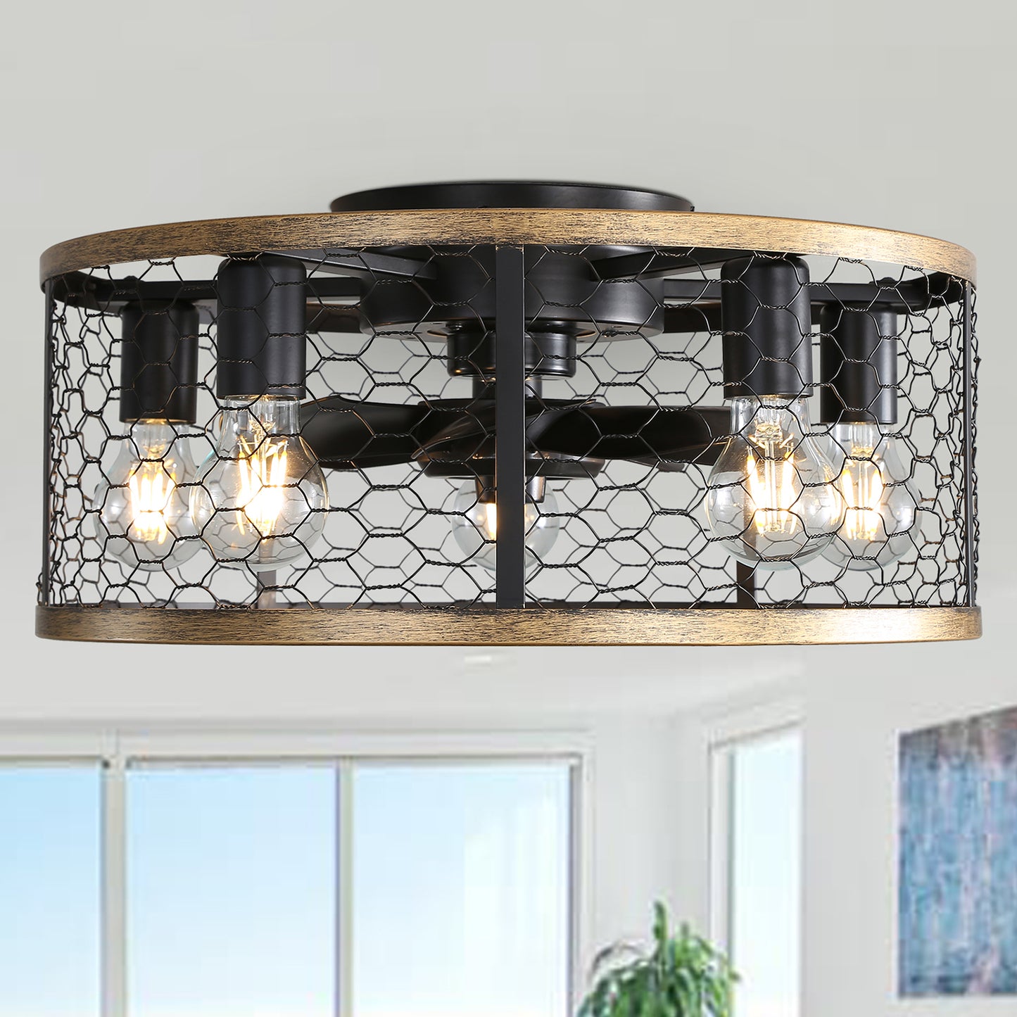 20" Industrial Caged Ceiling Fan with Light - Black Flush Mount, Remote Control, Reversible DC Motor
