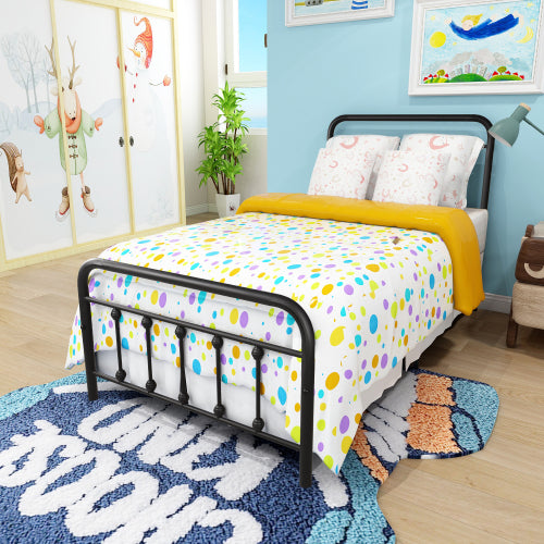 Twin Metal Platform Bed Frame - Victorian Style Headboard & Footboard with Underbed Storage (Black)