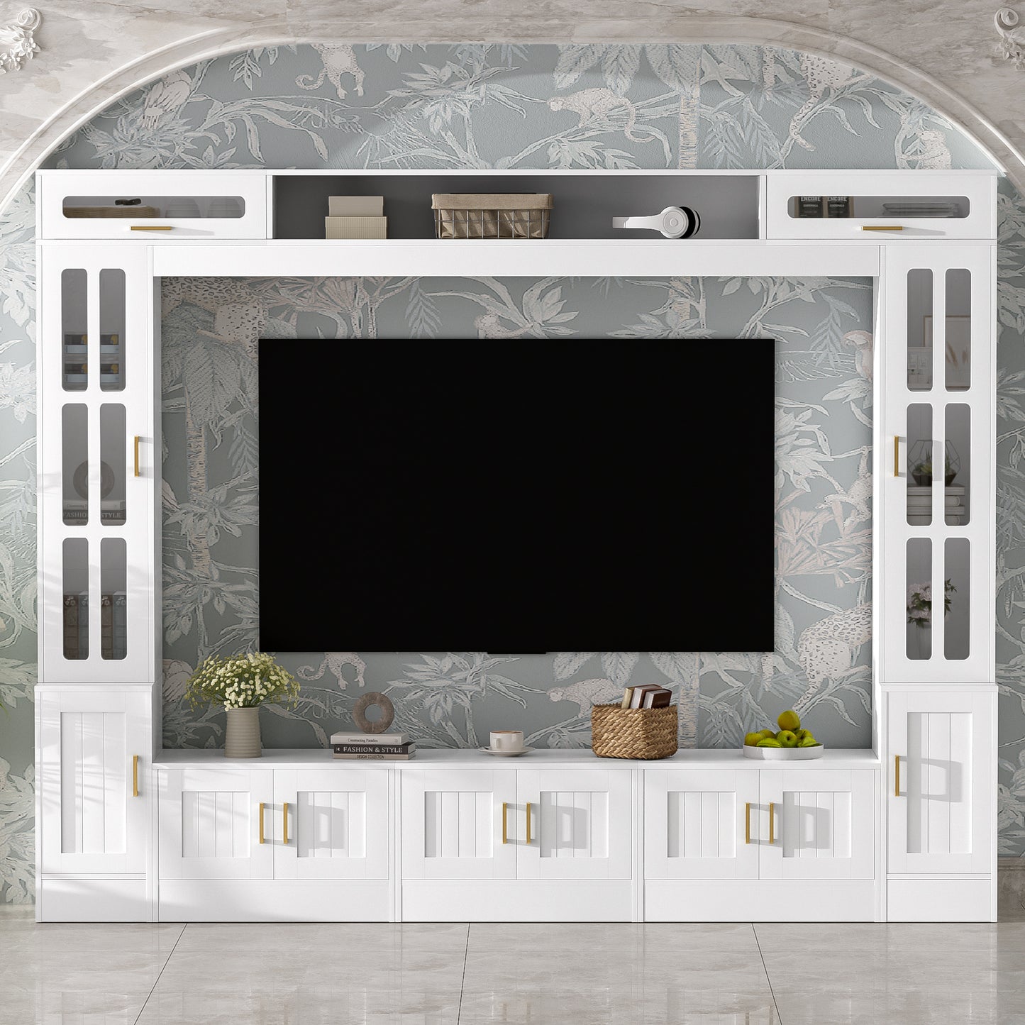 98" Modern Wall Unit Entertainment Center with Storage & Glass Cabinets - White TV Stand for Up to 80" TVs