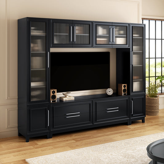 Vibe Haus 102" Black Wall Unit Entertainment Center - Modern Media Console with Glass Cabinets & Storage (Fits up to 75" TVs)