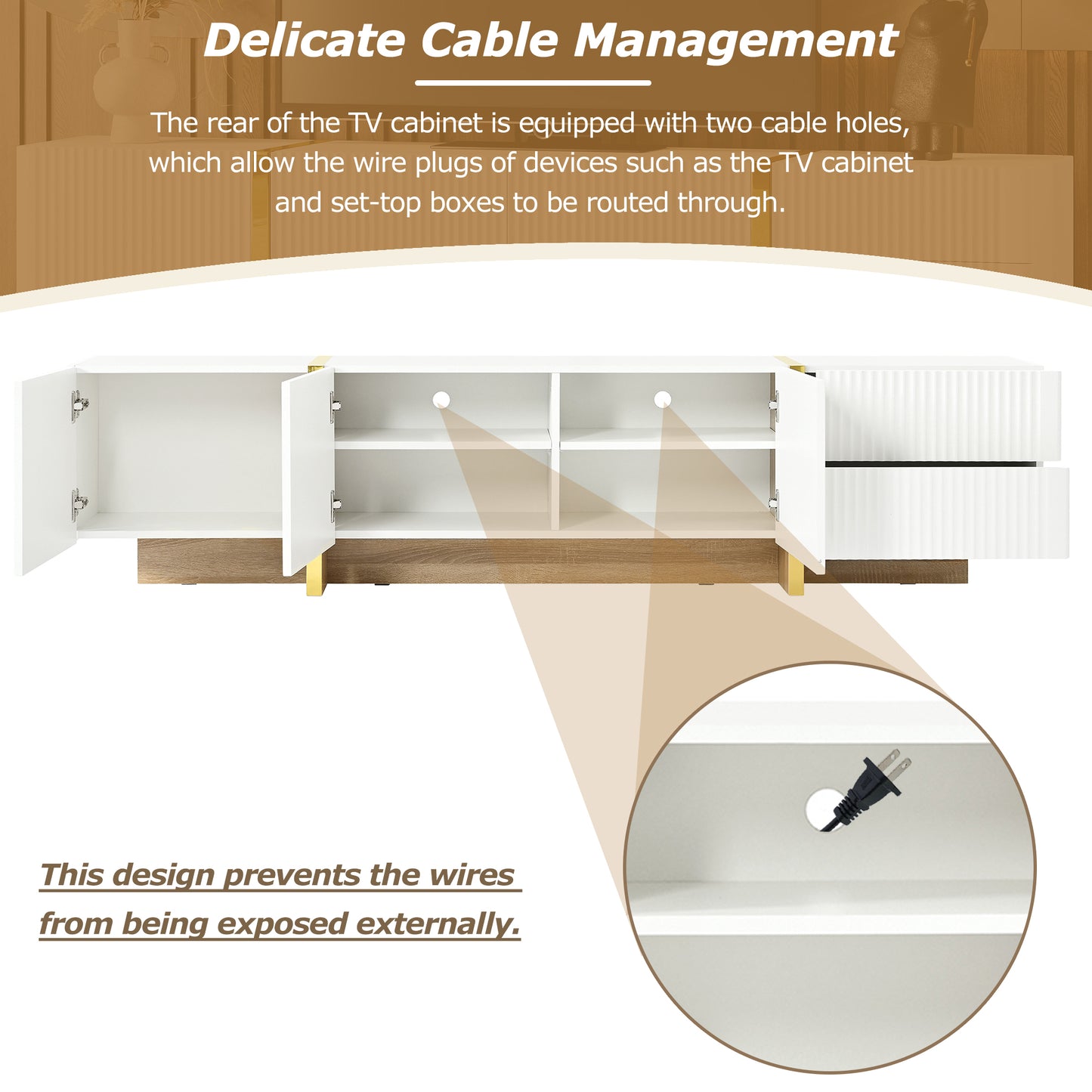 Modern Fluted TV Stand for TVs up to 80" - White Entertainment Center with Storage Cabinets & Drawers | Mid-Century Media Console with Wood Grain Legs