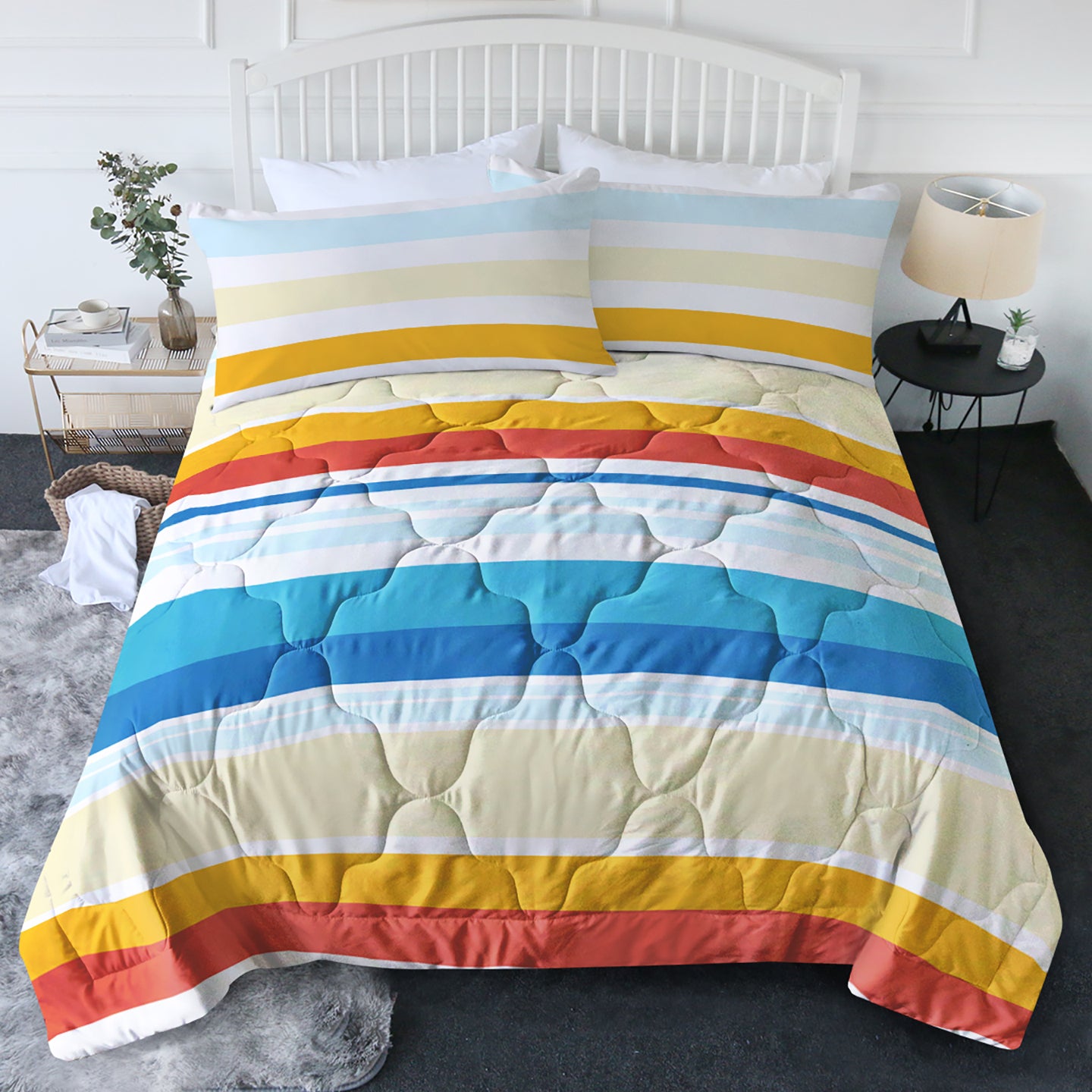 Rainbow Stripe Comforter Set - 3 Piece Queen Bedding Set with Pillowcases (All Season)
