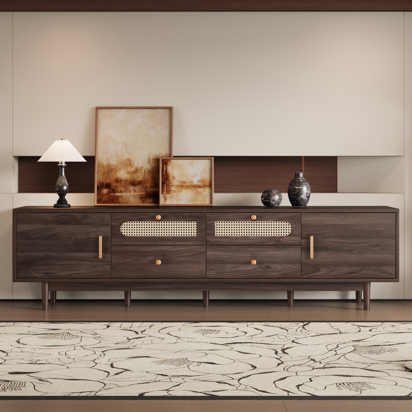 76" Modern TV Stand with Rattan Doors & Drawers - Entertainment Center for TVs up to 85" - Dark Brown Wood Media Console with Storage
