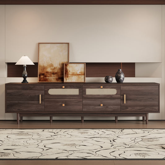 76" Modern TV Stand with Rattan Doors & Drawers - Entertainment Center for TVs up to 85" - Dark Brown Wood Media Console with Storage