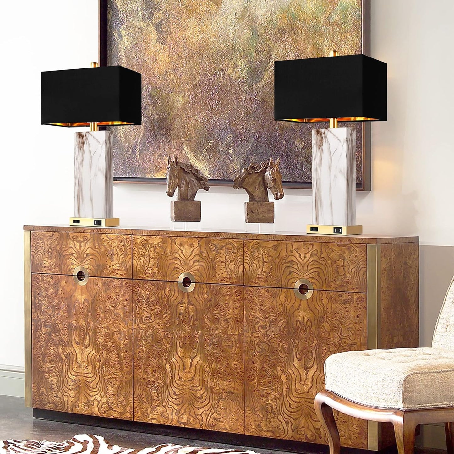 Touch Control Table Lamps Set of 2 with USB Ports & AC Outlet - 3 - Way Dimmable Bedside Lamps with Faux Marble Base & Black Shade