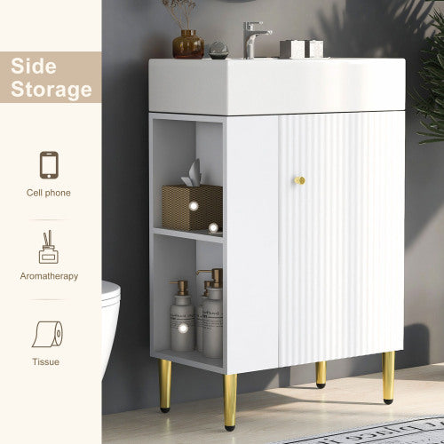 Modern 21.6" Bathroom Vanity with Sink - White Cabinet, Gold Legs & Side Storage for Small Spaces