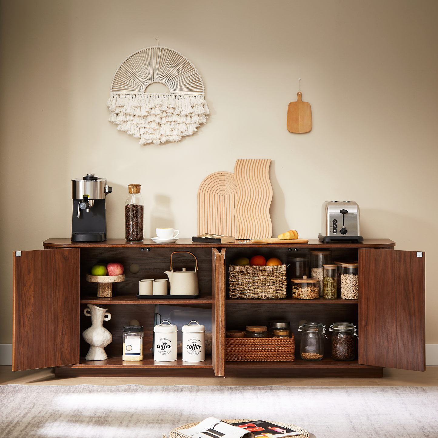 64" Fluted Sideboard Cabinet - Modern Walnut Storage Console for Living Room, Entryway or TV Stand