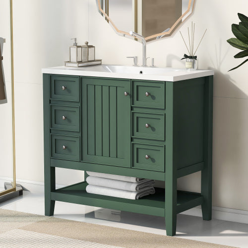 36" Bathroom Vanity With Sink - Modern Storage Cabinet with Drawers & Open Shelf (Green or White)