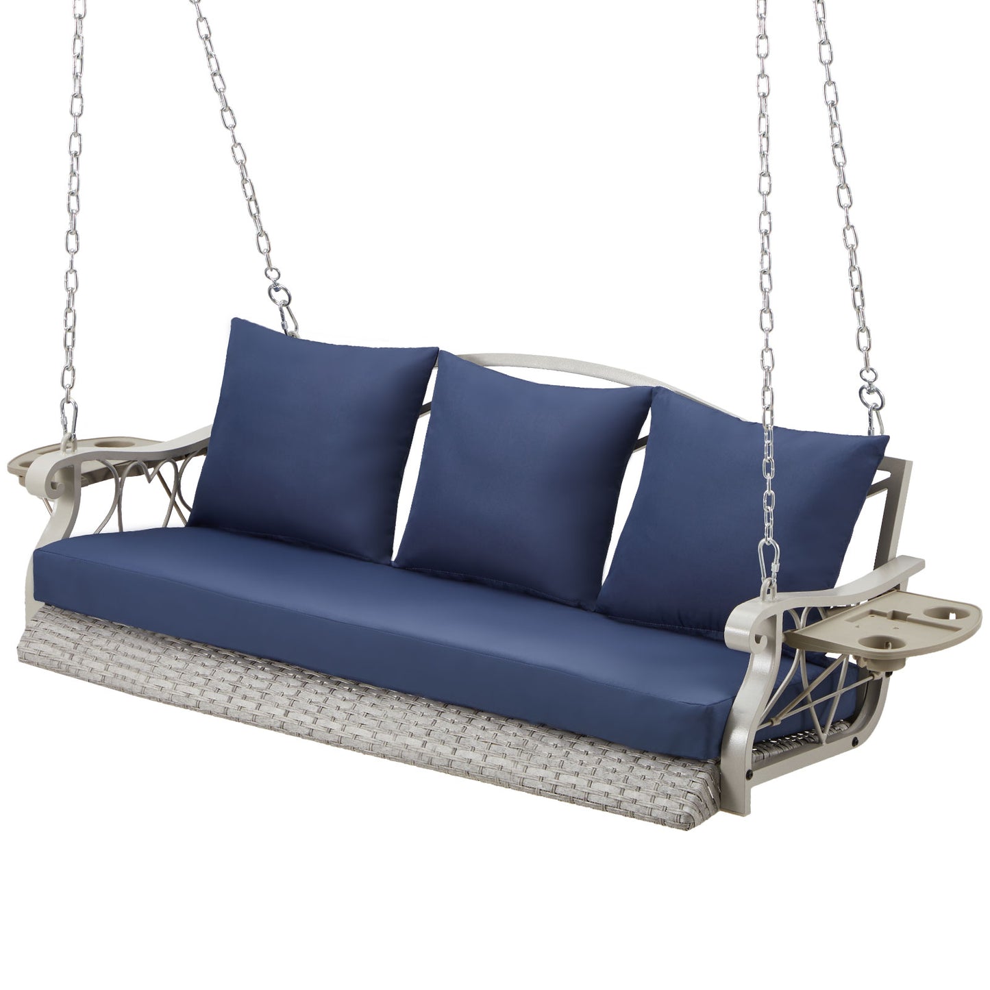 Outdoor Hanging Porch Swing Bench - Woven Rattan 3-Seat Swing with Cushions, Foldable Cup Holders & 900 lb Capacity (Chain Hung)
