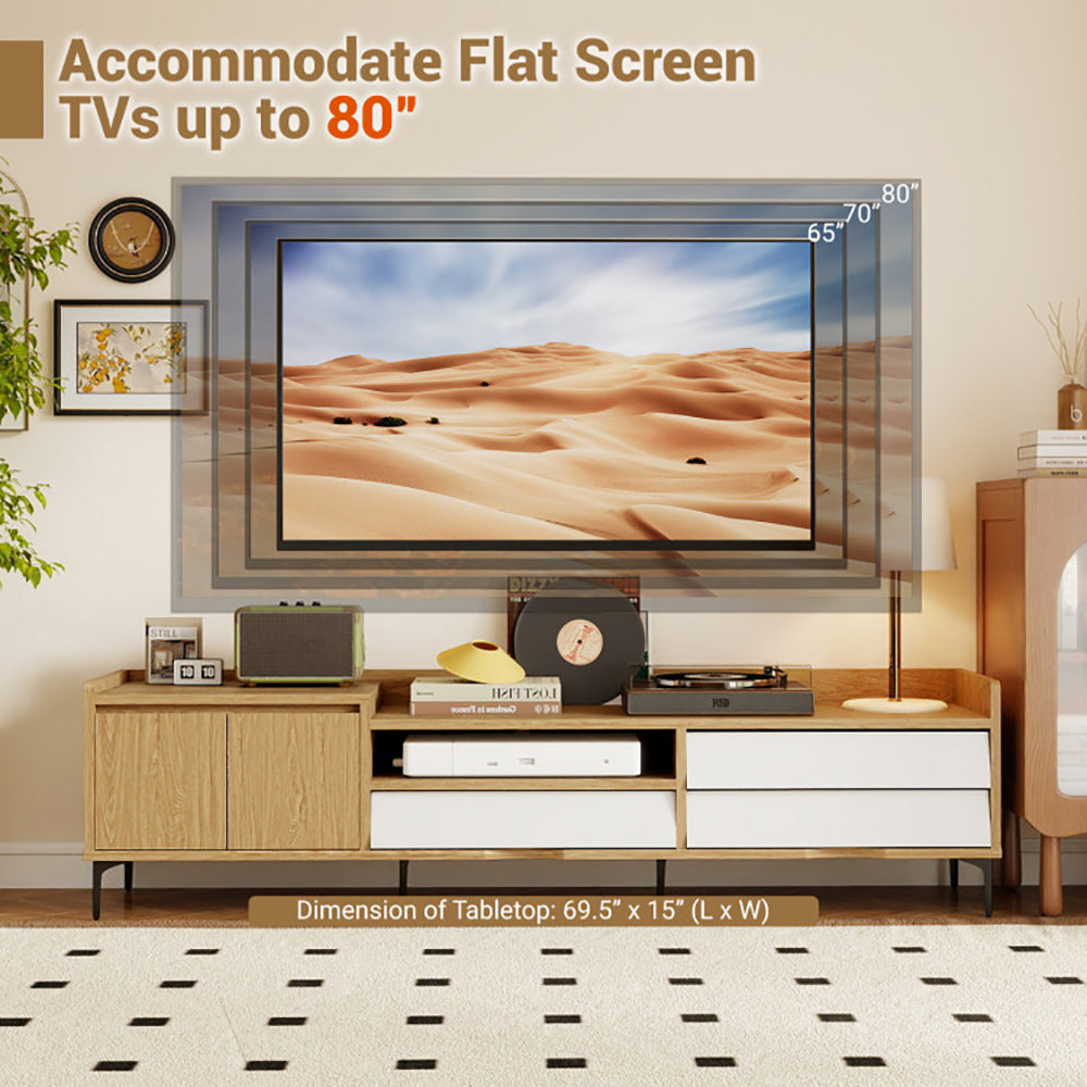 Mid-Century Modern TV Stand for TVs up to 80" - 71" Wood Entertainment Center with Drawers, Cabinet & Open Storage