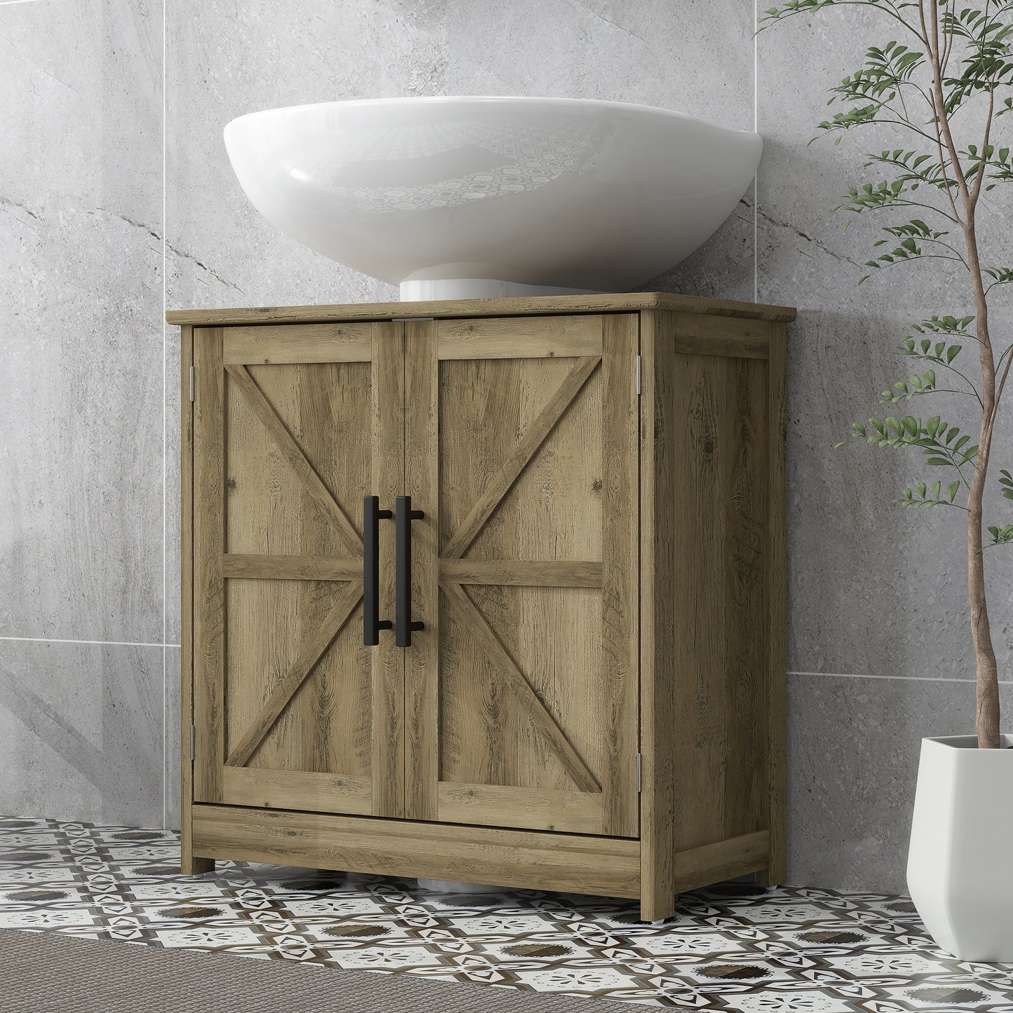 Farmhouse Pedestal Sink Storage Cabinet with Barn Doors - Bathroom Organizer with Adjustable Shelf - Space-Saving Vanity Base (Light Gray)