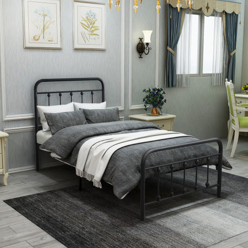 Twin Metal Platform Bed Frame - Victorian Style Headboard & Footboard with Underbed Storage (Black)