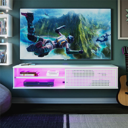 Floating TV Stand with LED Lights - Wall Mounted Gaming Media Console (Up to 60" TVs, White)