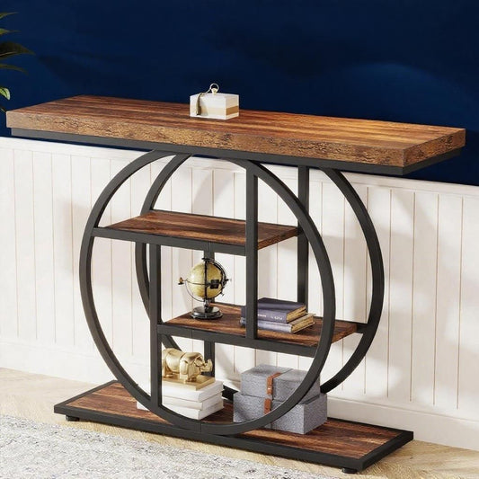 Rustic Industrial Circle Console Table - 41" Entryway Sofa Table with Multi-Tier Shelves