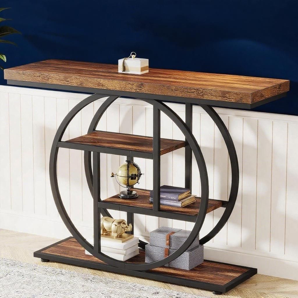Rustic Industrial Circle Console Table - 41" Entryway Sofa Table with Multi-Tier Shelves
