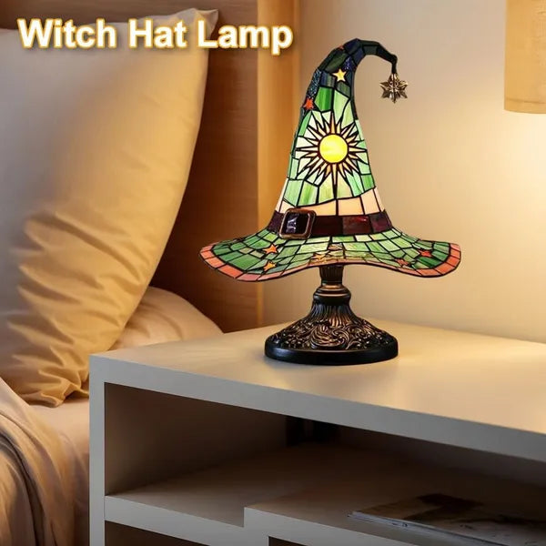 Witch Hat Stained Glass Table Lamp - Gothic Wizard Light, Halloween Decor, Witchy Bedroom Accent Lamp (4 Colors)