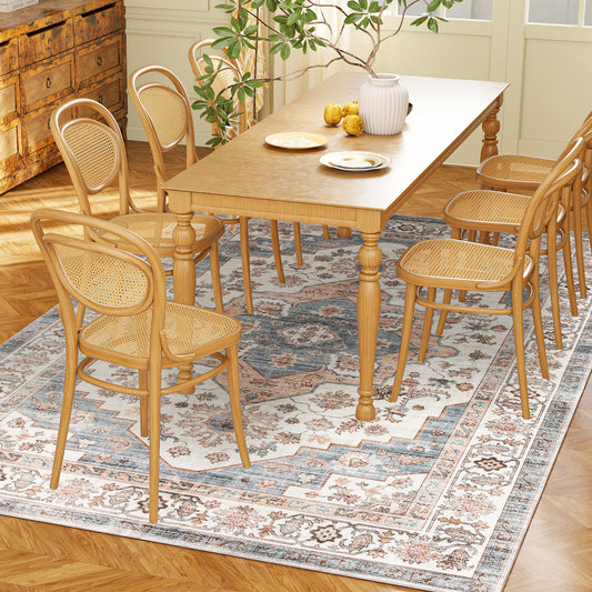 4x6 Vintage Washable Area Rug - Non-Slip Soft Carpet for Living Room, Bedroom & Dining Room (Blue & Beige)