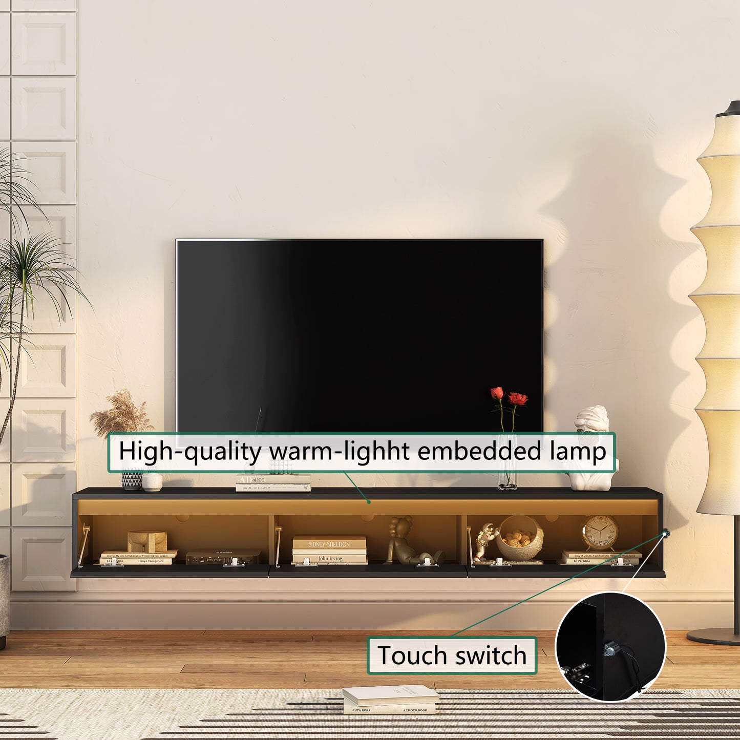 Floating TV Stand with LED Lights - Wall Mounted Entertainment Center with Storage Shelves, Power Outlets & USB Ports (Black High Gloss)