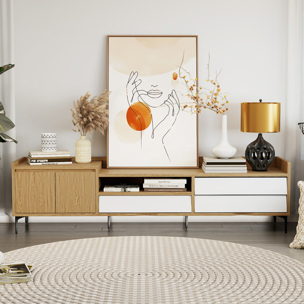 Mid-Century Modern TV Stand for TVs up to 80" - 71" Wood Entertainment Center with Drawers, Cabinet & Open Storage