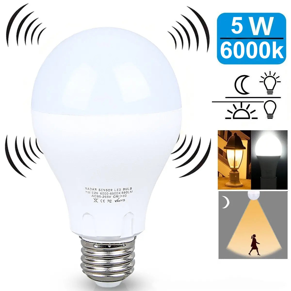 LED Motion Sensor Light Bulb – 360° Radar Detection (Bright White)
