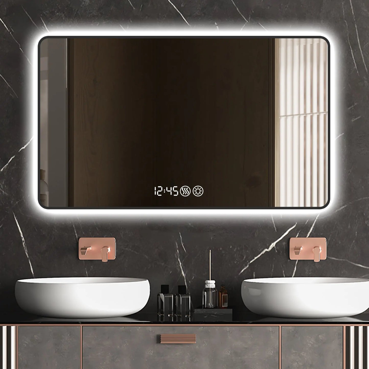 39" Modern LED Smart Bathroom Mirror – Black Frame with Time & Temperature Display