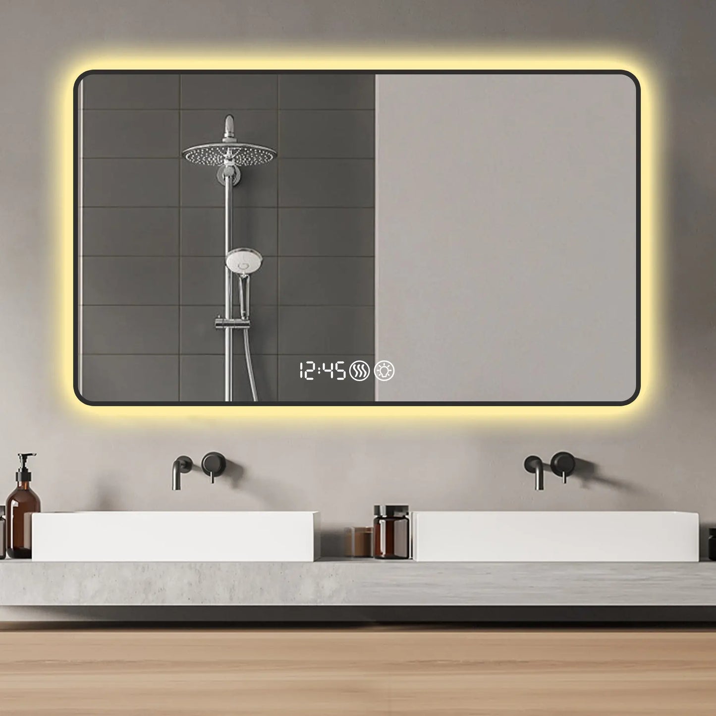 39" Modern LED Smart Bathroom Mirror – Black Frame with Time & Temperature Display