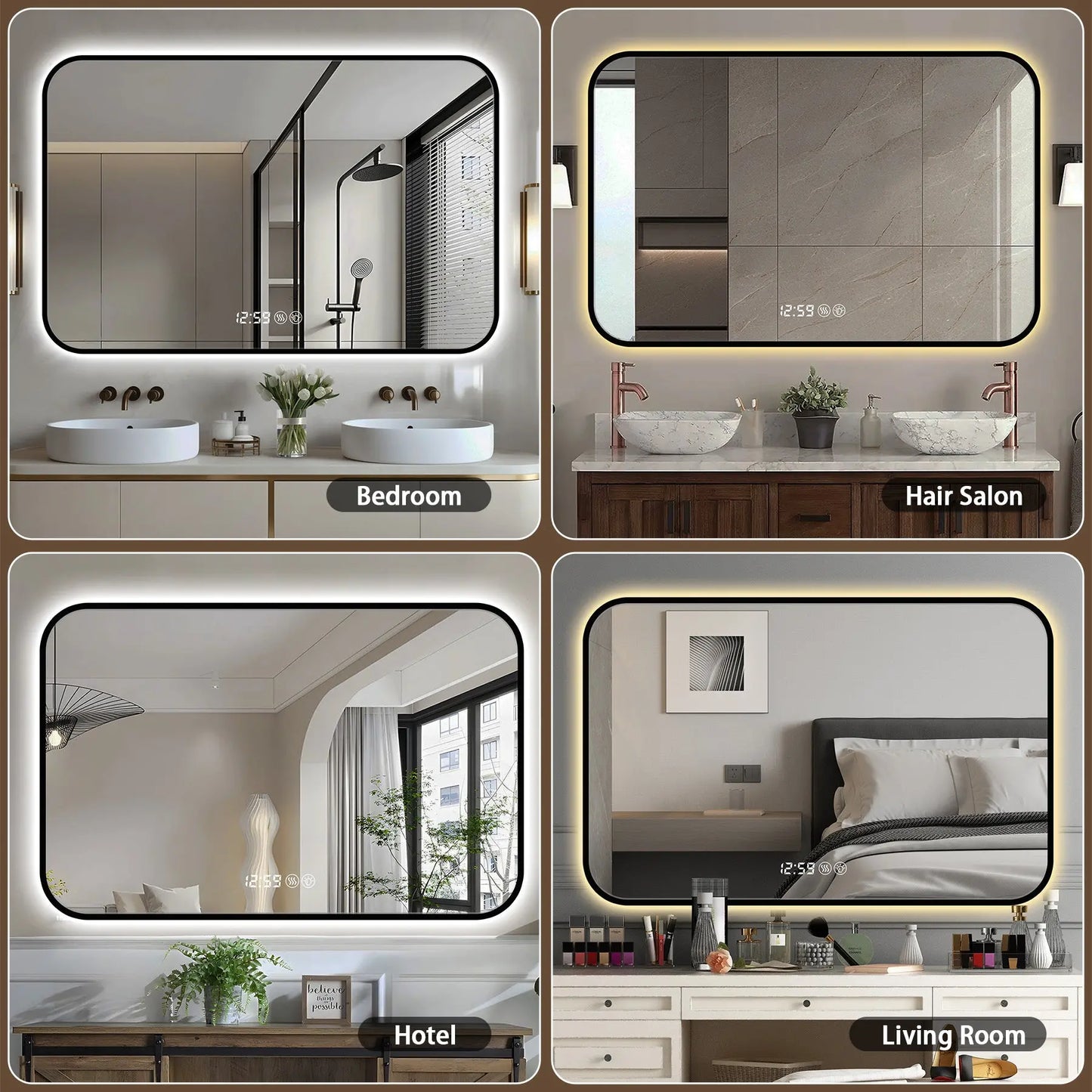 39" Modern LED Smart Bathroom Mirror – Black Frame with Time & Temperature Display