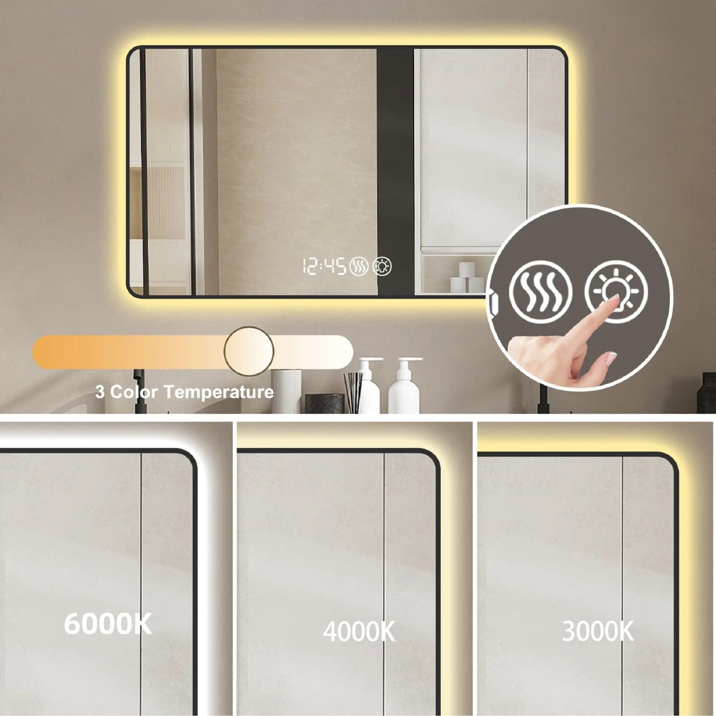 39" Modern LED Smart Bathroom Mirror – Black Frame with Time & Temperature Display