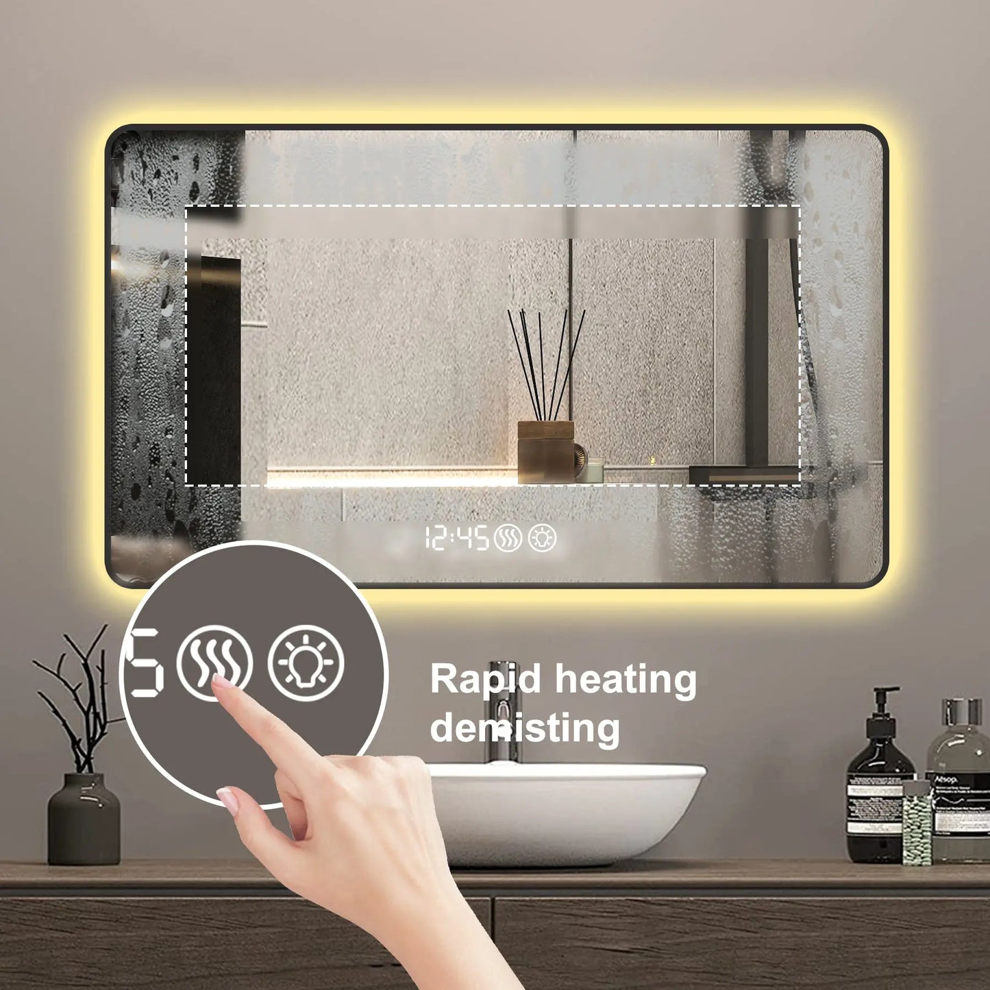 39" Modern LED Smart Bathroom Mirror – Black Frame with Time & Temperature Display