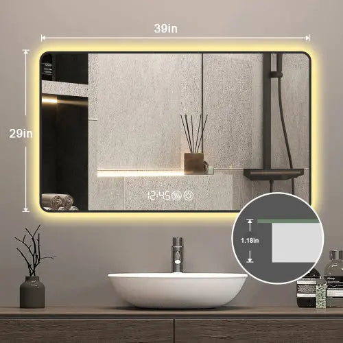 39" Modern LED Smart Bathroom Mirror – Black Frame with Time & Temperature Display
