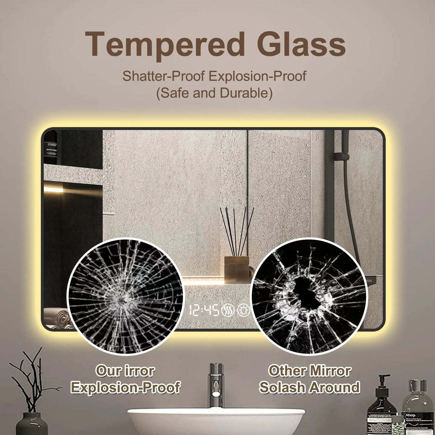 39" Modern LED Smart Bathroom Mirror – Black Frame with Time & Temperature Display