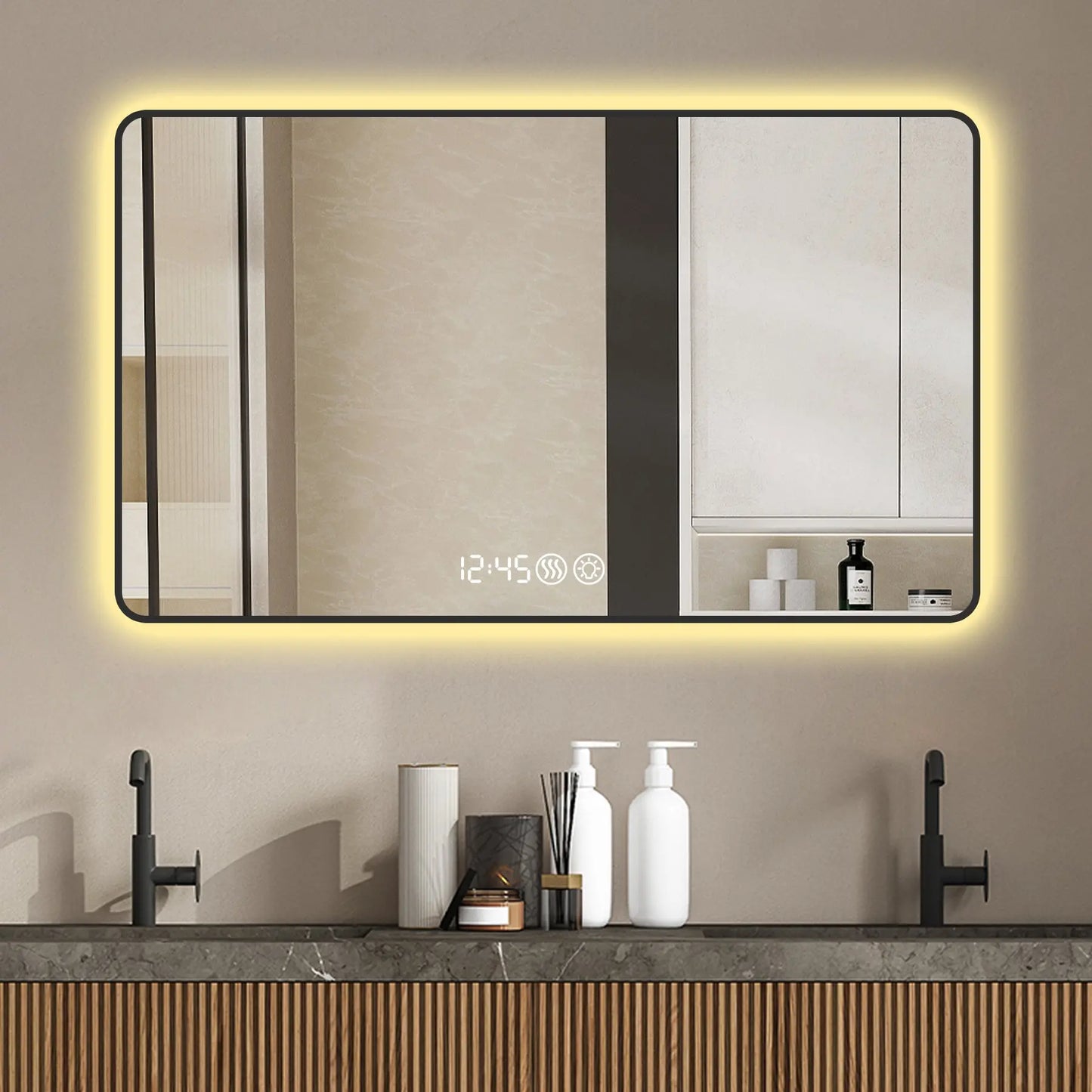 39" Modern LED Smart Bathroom Mirror – Black Frame with Time & Temperature Display