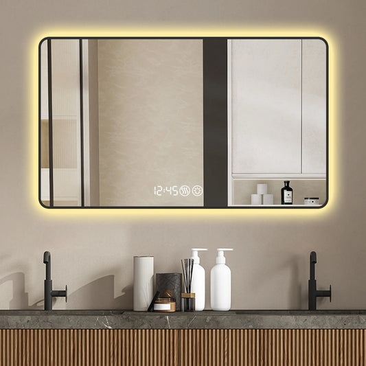 39" Modern LED Smart Bathroom Mirror – Black Frame with Time & Temperature Display